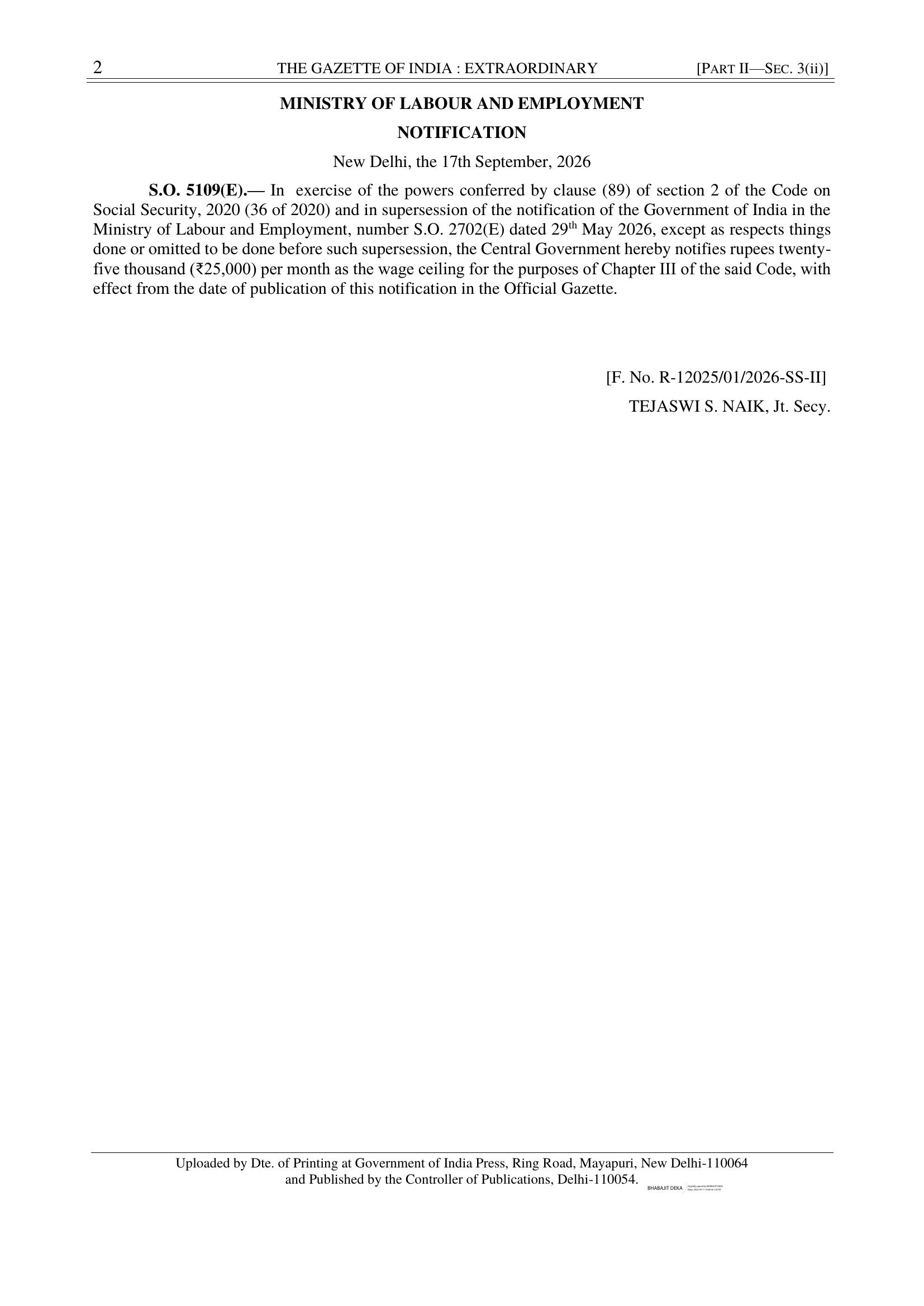 Annexure A, Page 2 of 2: English text of S.O. 5109(E), Ministry of Labour and Employment, 17 September 2026